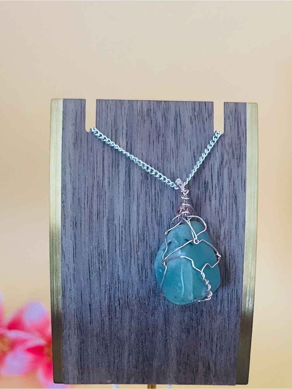 Rose gold plated wire wrapped natural green stone pendant